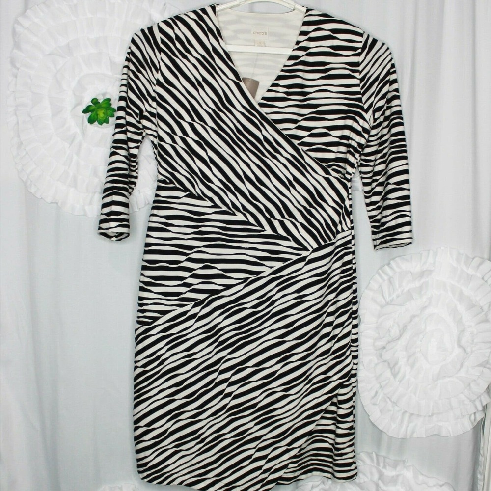 Chico's Women's Jessie Dress Black Ecru Textured Striped Boho Size 1 US 8 NEW